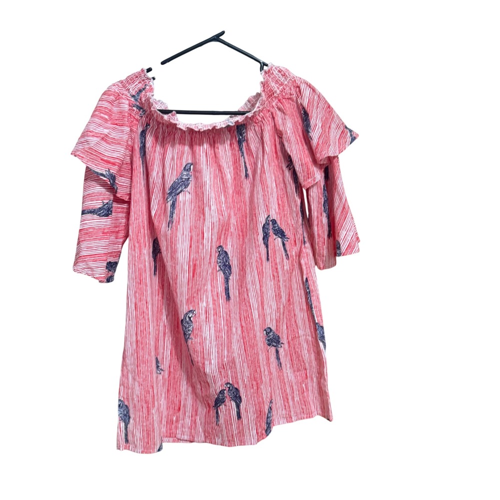 True Destiny Blouse‎ Parrot Print Striped Off Shoulder M Red Excellent Cotton